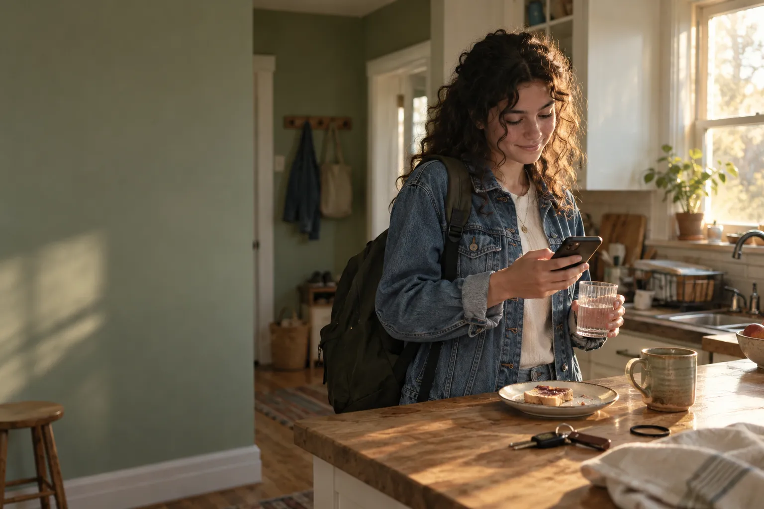 A teenager at the kitchen counter on a school morning, glancing at her phone with a glass of water in her hand.